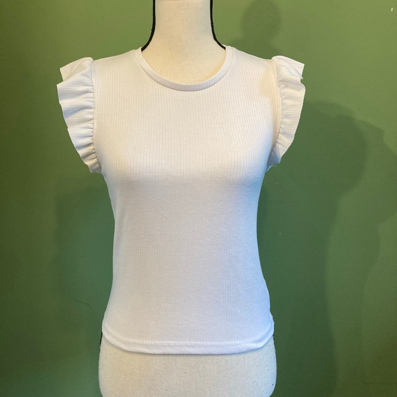 Women's Stradivarius White Ribbed Ruffle Sleeve Short Sleeve Tee M - Picture 1 of 5